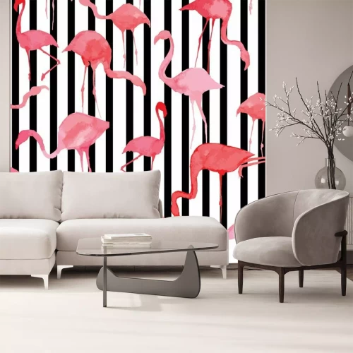 Papier peint  Flamants roses sur un fond à rayures