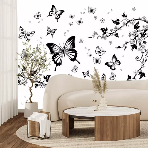 Papier peint  Fleurs et papillons noirs et blancs