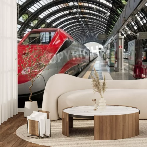 Papier peint  Train rouge en gare