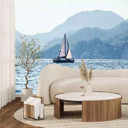Papier peint  Voilier et île montagneuse