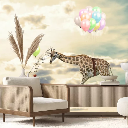 Papier peint  Girafe avec des ballons en plein vol