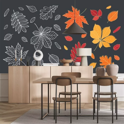 Sticker  Chute des feuilles. Les feuilles d'automne sont dessinés à la craie sur le tableau noir. Ensemble de différentes feuilles des arbres. Croquis, des éléments de conception. Vector illustration.