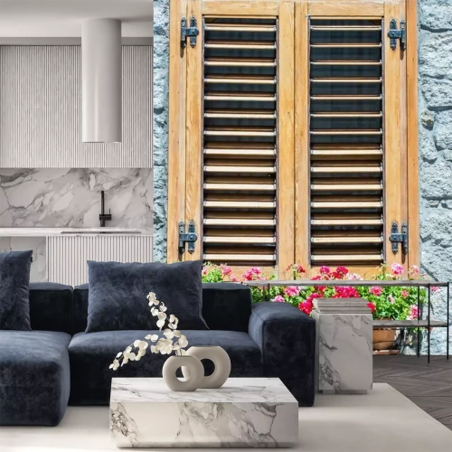 Papier peint  Typical window of a  stone house with wooden shutters closed and