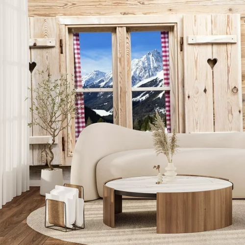 Papier peint  Fenêtre en bois et montagnes