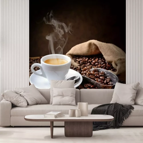 Papier peint  Une tasse d'expresso et un sac de grains de café