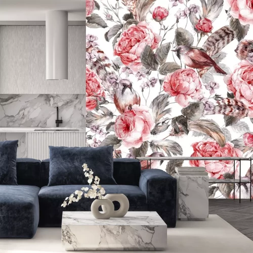 Sticker  Motif floral shabby chic avec oiseaux