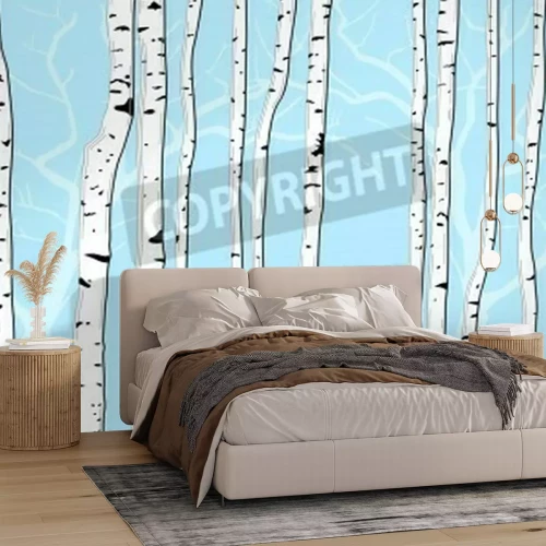 Papier peint  Bouleaux graphiques sur fond bleu