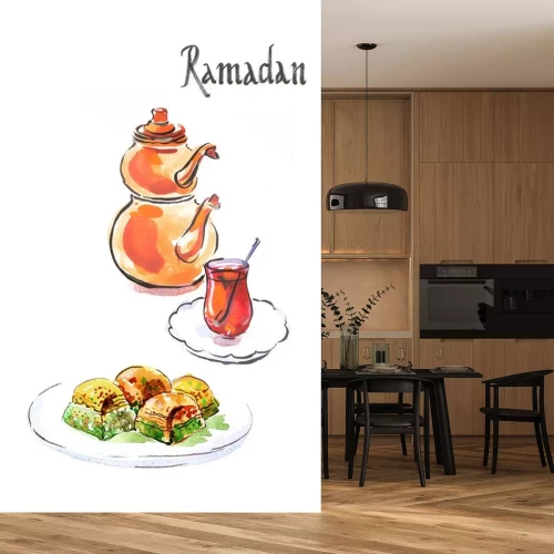 Sticker  Aquarelle Ramadan et du thé turc avec baklava turque