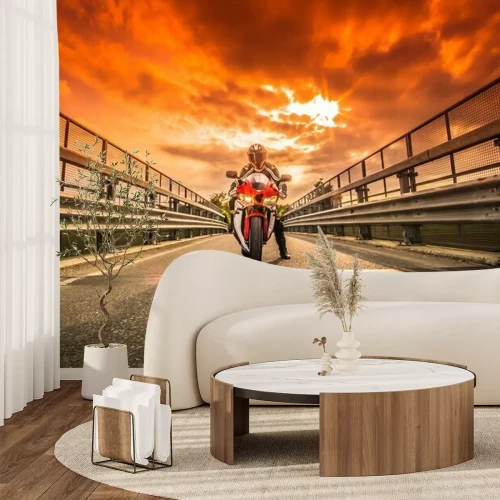 Papier peint  Moto da strada pronta alla partenza sotto non cielo rosso Al Tramonto