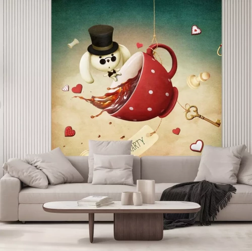 Sticker  Illustration de fantaisie avec la tasse de thé rouge et le lapin