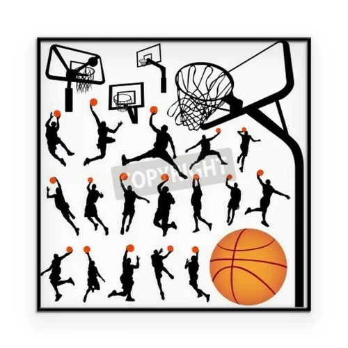 Poster  Image de joueurs de basket-ball, de ballons et de paniers sur fond blanc