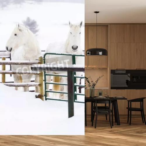 Papier peint  Chevaux enneigés dans la ferme