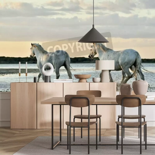 Papier peint  Groupe de chevaux marchant au pas sur la plage