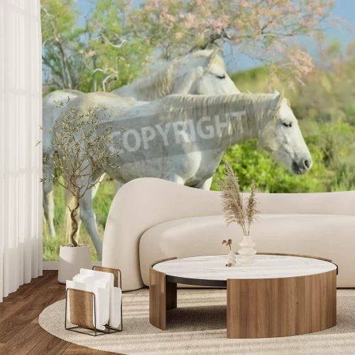 Papier peint  Chevaux dans le jardin vert