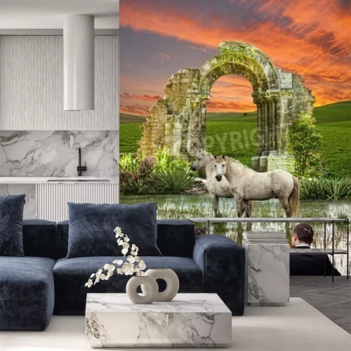 Papier peint  Chevaux et concert d'instruments à cordes