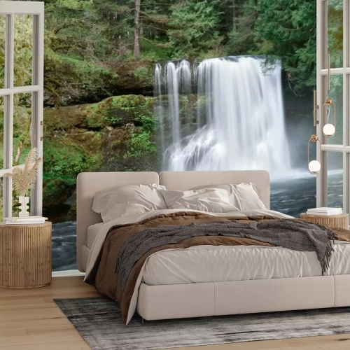 Papier peint  Une cascade dans une forêt vue depuis une fenêtre