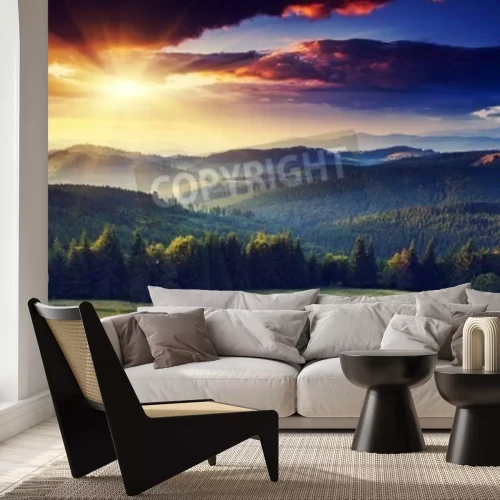 Papier peint  Lever de soleil sur des montagnes majestueuses