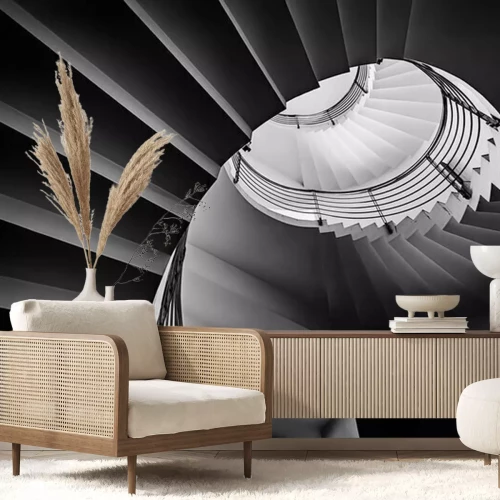 Papier peint  Photo noir et blanc de la spirale escalier tir de contre-plongée.