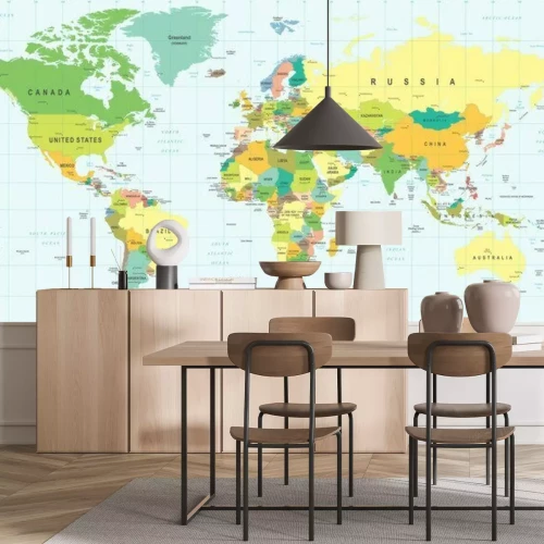 Papier peint  Carte du monde colorée détaillée avec un quadrillage géographique