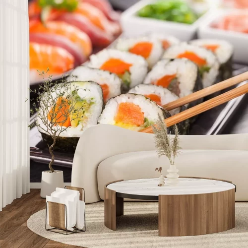 Sticker  morceaux de sushi avec des baguettes