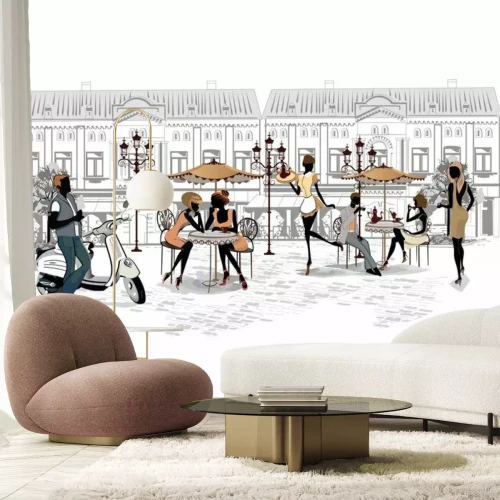 Papier peint  Un café dans la vieille ville au style graphique