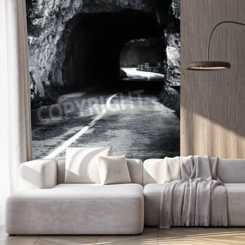 Papier peint  Tunnel noir et blanc dans la roche