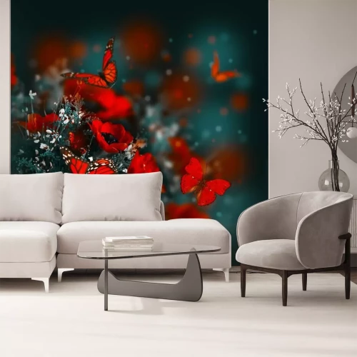 Papier peint  Champ de coquelicots et de l'herbe verte et le papillon