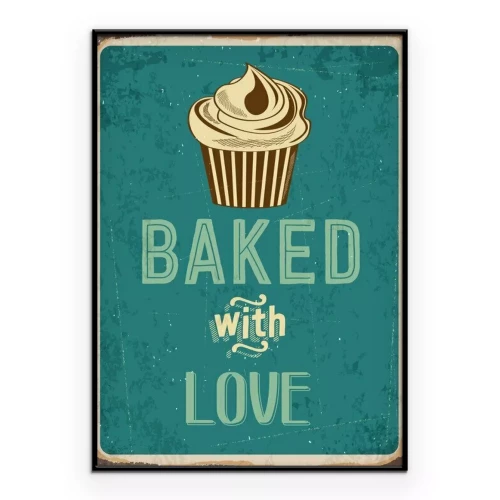 Poster  Illustration vintage représentant un cupcake et portant l'inscription « Cuit avec amour »