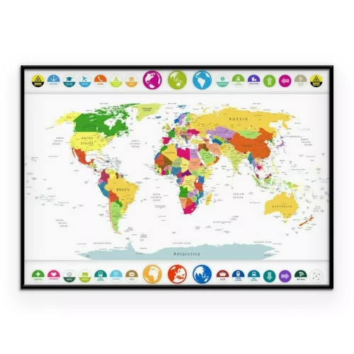 Poster  Carte du monde politique avec des icônes et des globes plats