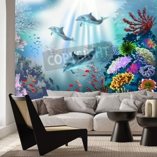 Papier peint  Dauphins et récif corallien au fond de l'océan