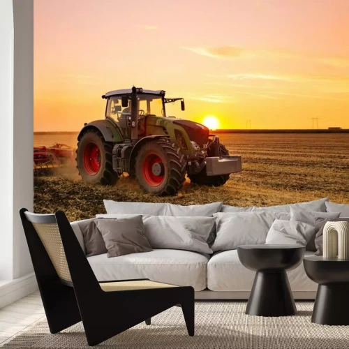 Papier peint  Tracteur dans un champ au coucher du soleil