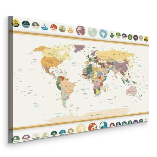 Tableau  Une carte du monde anglaise avec des symboles