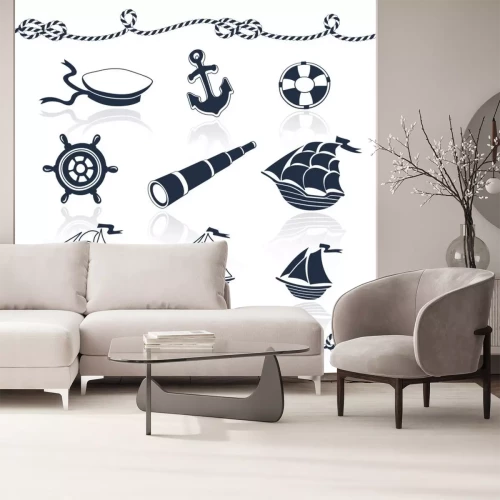 Sticker  Objets de mer prévu. Vector collection Marine. Navires, ancrage, cordes Spyglass, roues, marin, a bouée de sauvetage. Éléments nautiques isolé sur fond blanc.