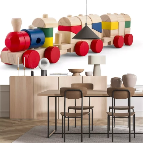 Sticker  Train jouet en bois avec des blocs colorés isolé sur blanc