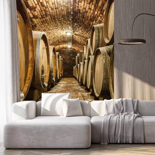 Papier peint  Cave en briques avec tonneaux en bois