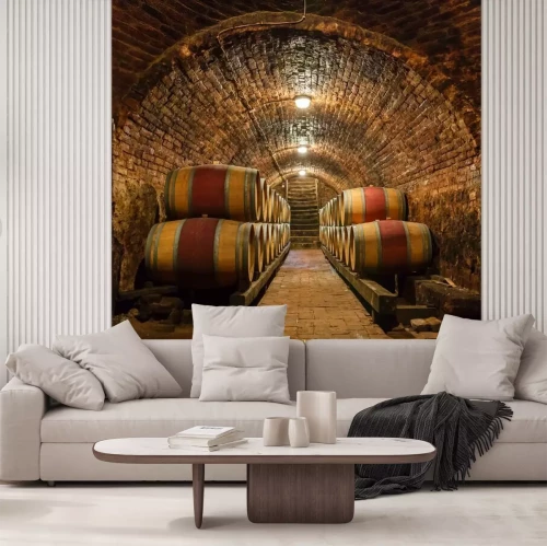 Papier peint  Sous-sol en briques avec rangées de tonneaux en bois