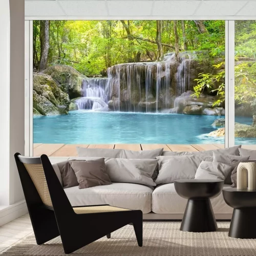 Papier peint  Cascade turquoise dans une forêt vue depuis une fenêtre