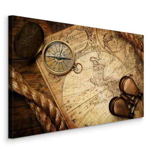 Tableau  Une vieille boussole, des jumelles et des cordes sur une carte du monde ancienne