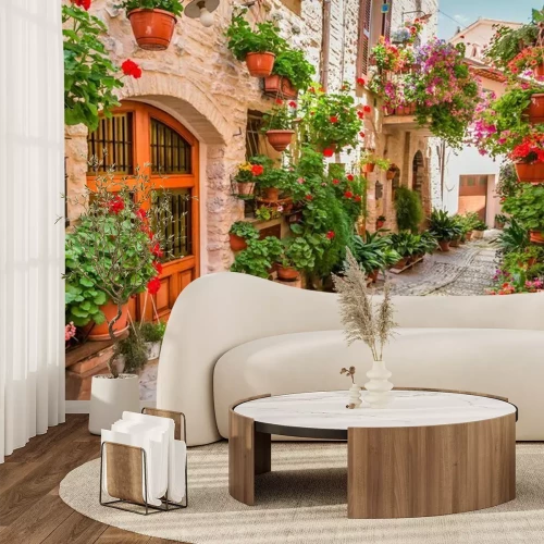 Papier peint  Petite ruelle avec des géraniums