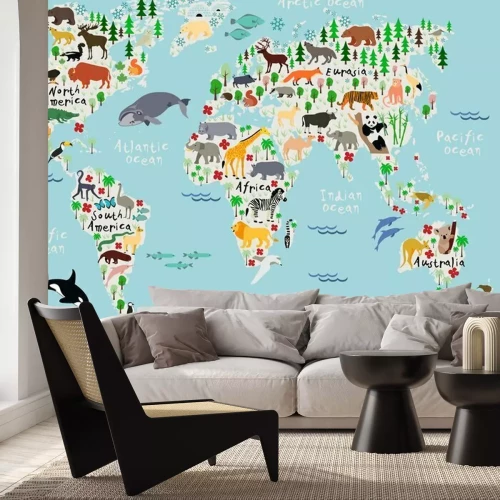Papier peint  Carte du monde illustrée pour enfants avec animaux