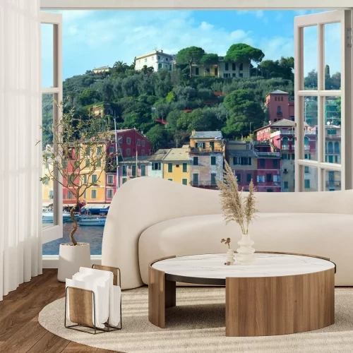 Papier peint  Vue de maisons de ville italiennes de Portofino depuis une fenêtre
