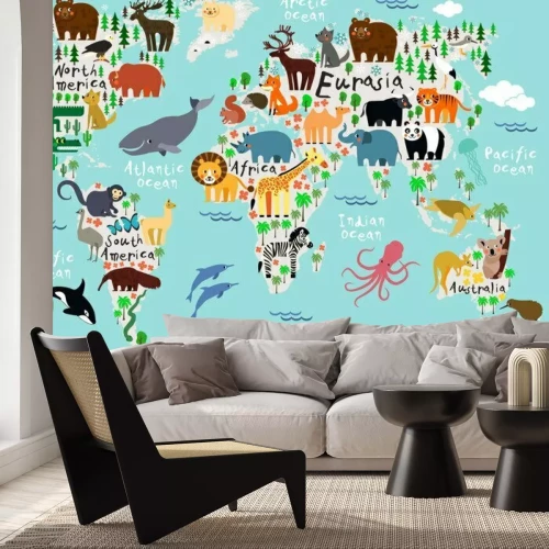 Papier peint  Mappemonde pour enfants avec animaux