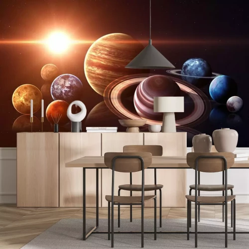 Papier peint  Planètes du système solaire et le soleil en arrière-plan