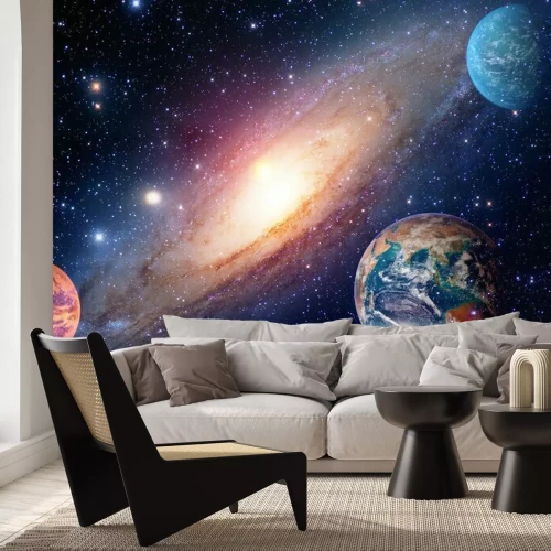 Papier peint  Espace galactique avec planètes et Voie lactée