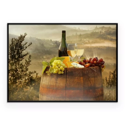 Poster  Des verres de vin sur un tonneau en bois en Toscane