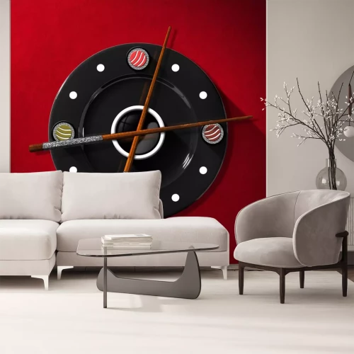 Sticker  Sushi Time Concept - Horloge / Horloge composé par une plaque noire avec des baguettes en bois et en argent à la place des aiguilles d'horloge et quatre rouleaux de sushi. Sur, rouges, velours, fond