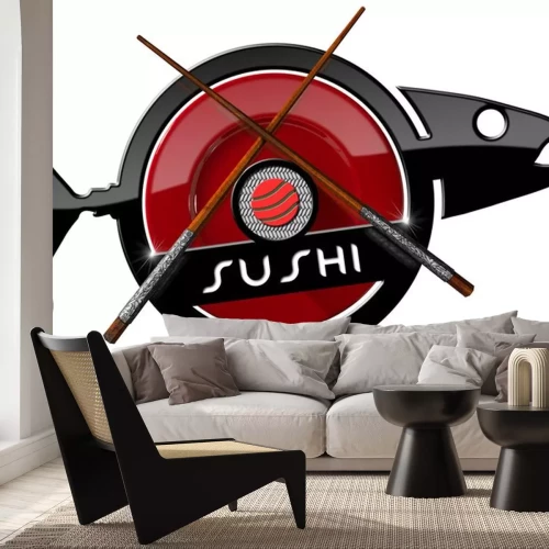 Sticker  Sushi - icône avec des baguettes en bois / icône ou symbole en forme de poisson avec plaque rouge, baguettes de bois et d'argent, rouleau de sushi et texte sushi. Isolé sur fond blanc