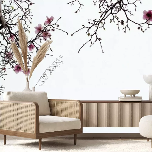 Papier peint  Branches de magnolia en fleurs sur fond blanc