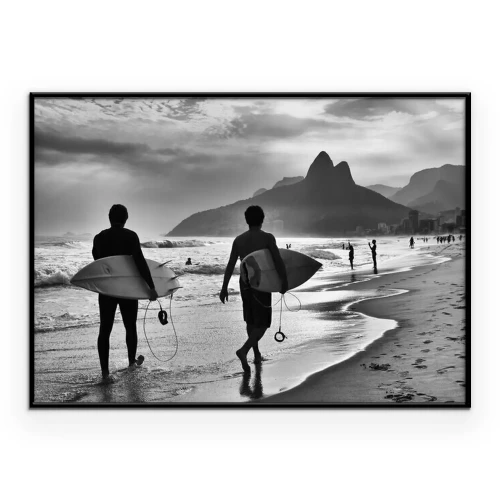 Poster  Scénique, noir, blanc, vue, Rio, Janeiro, Brésil, brésilien, surfeurs, marche, long, rivage, Ipanema, plage