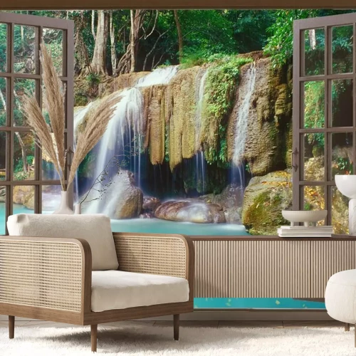 Papier peint  Fenêtre donnant sur une cascade tropicale